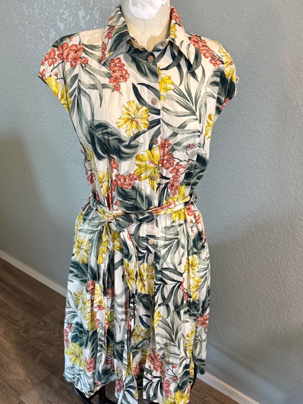 Zara White Floral Midi Dress with Yellow & Green Print Button Up